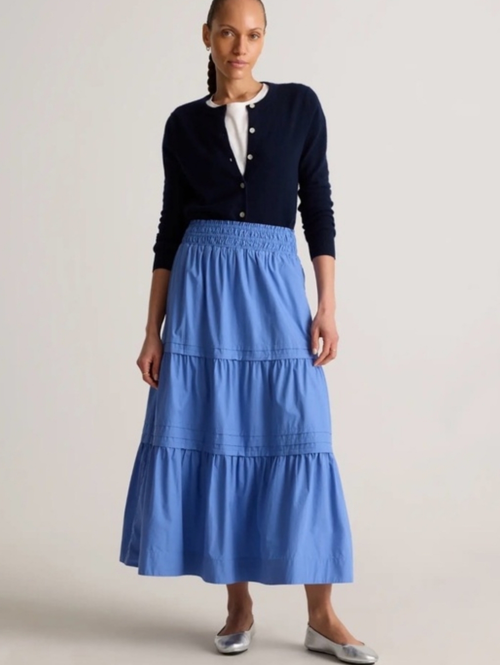 Quince Tiered Maxi Skirt 100% Organic Cotton Poplin True Blue Smocked Waist